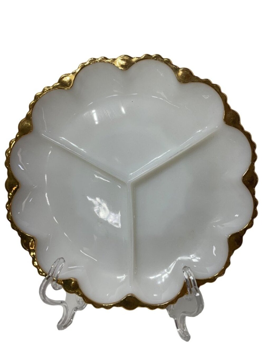 Vintage Milk Glass Scalloped Divided Serving Dish With Gold Trim